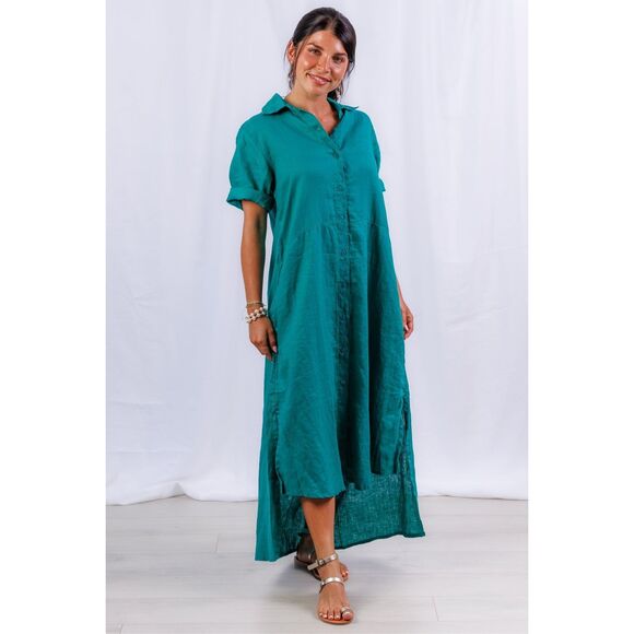 Sea Lustre Tula Midi Dress Green Linen Summer Resort Boho Vacation Size S/XS NWT - Picture 1 of 6